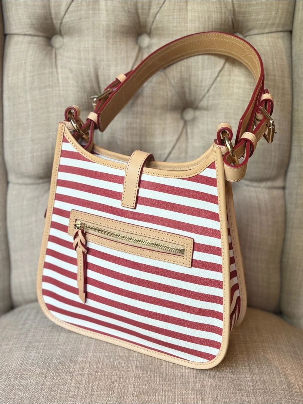 Dooney & Bourke Red and White Striped Shoulder/Messenger Bag with Tan Trim - Picture 2 of 8